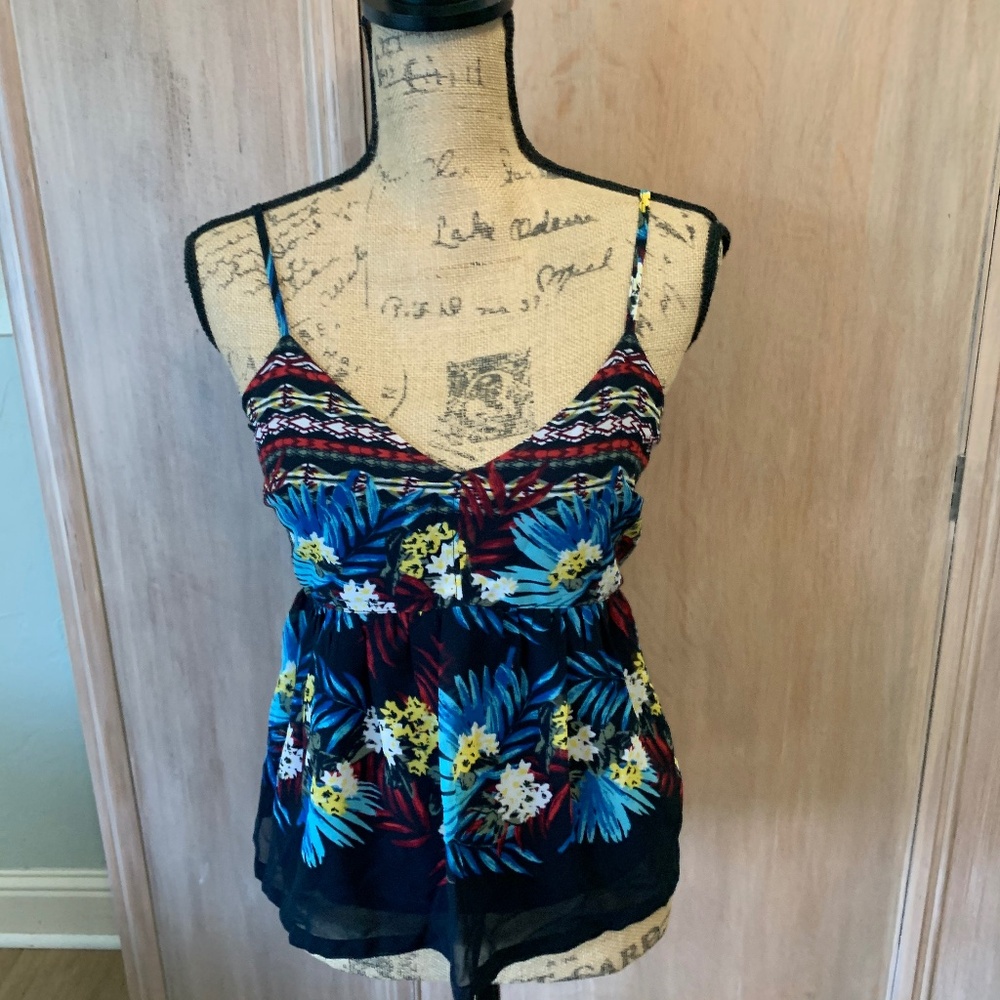Hollister Y2K babydoll top cami Floral Layered Tiered Sweetheart navy M dark